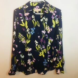 Philosophy Navy Floral Button-Front Blouse with Green and Pink Accents